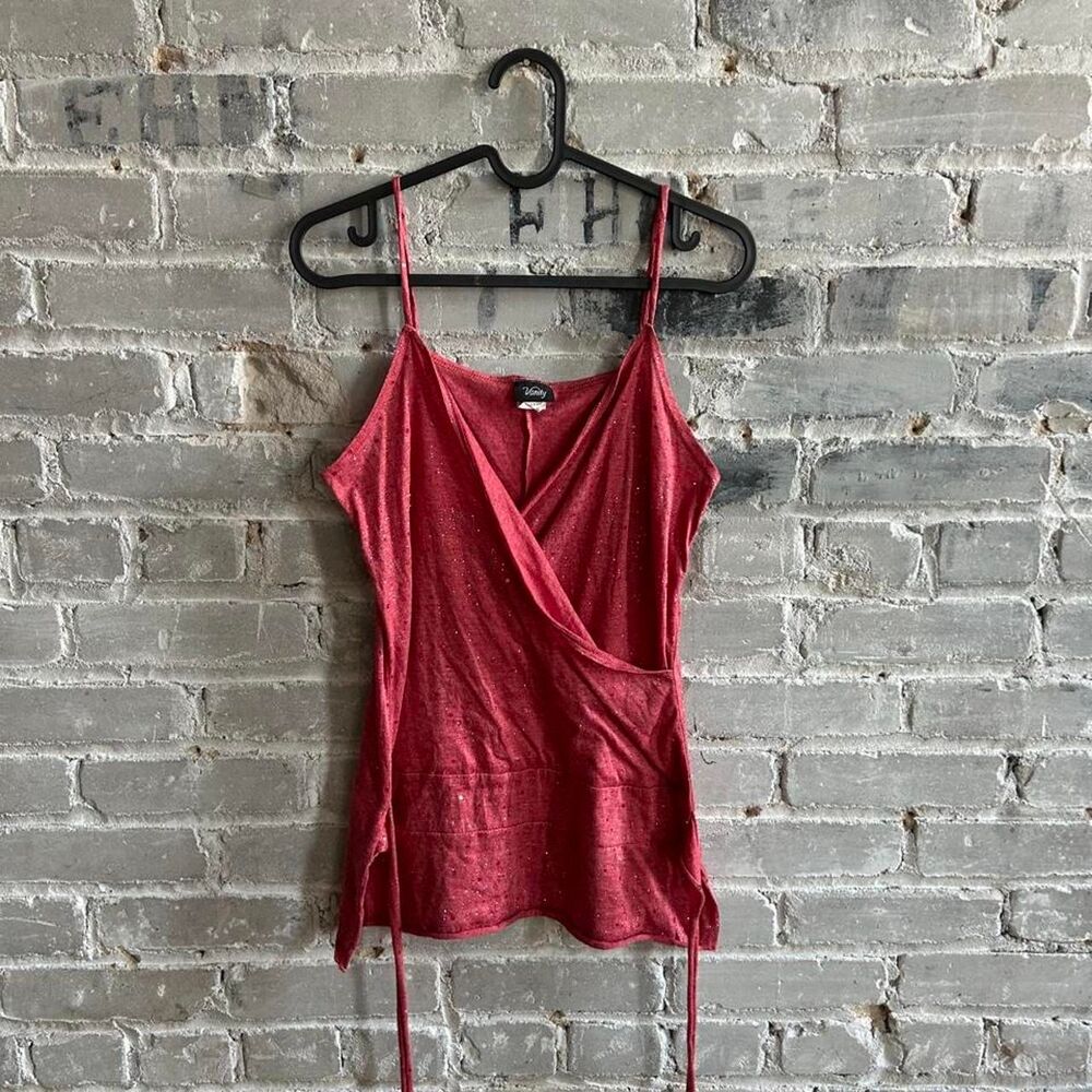 Vintage Y2K Vanity Glitter Faux Wrap Cami Top Sparkly Pink Medium